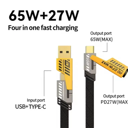 4-in-1 65W/27W Fast Charging Braided Type-C Cable - Zinc Alloy Multi-Function Data Wire