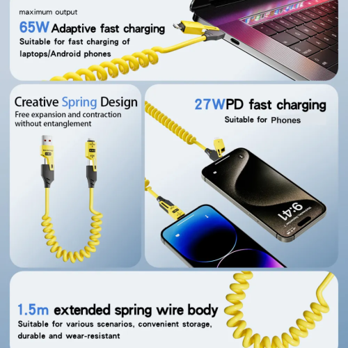 65W 4-in-1 Spring Telescopic Fast Charging Cable
